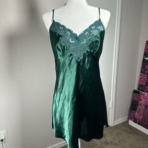 Victoria's Secret Green Satin Chemise with Lace Trim